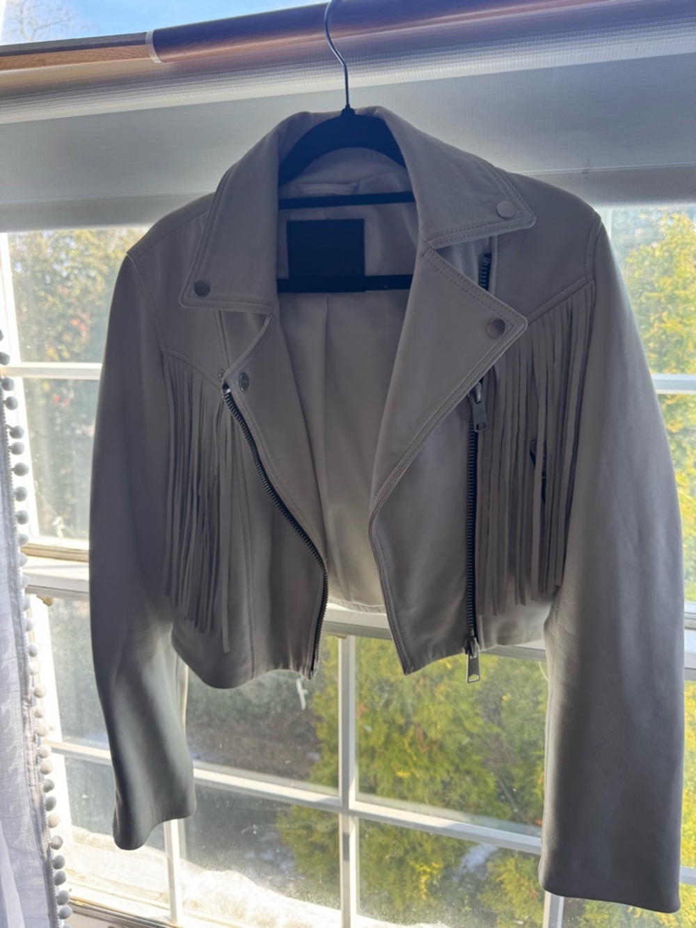 All Saints Fringe Leather Moto Jacket in White/cream